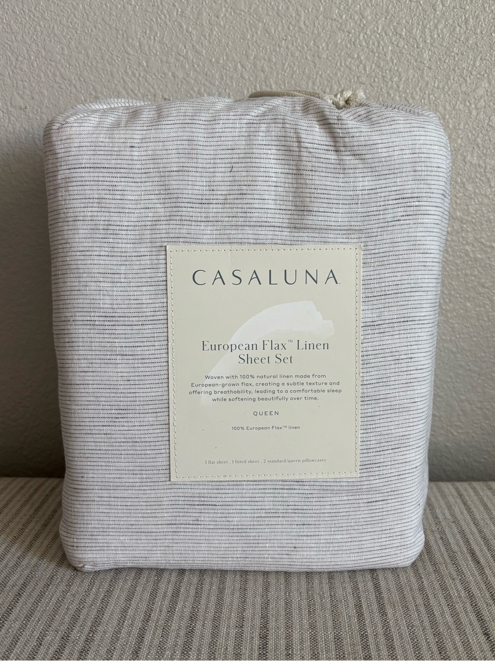 NWT Queen 100% Linen Sheet Set Dark Gray Micro Stripe - Casaluna